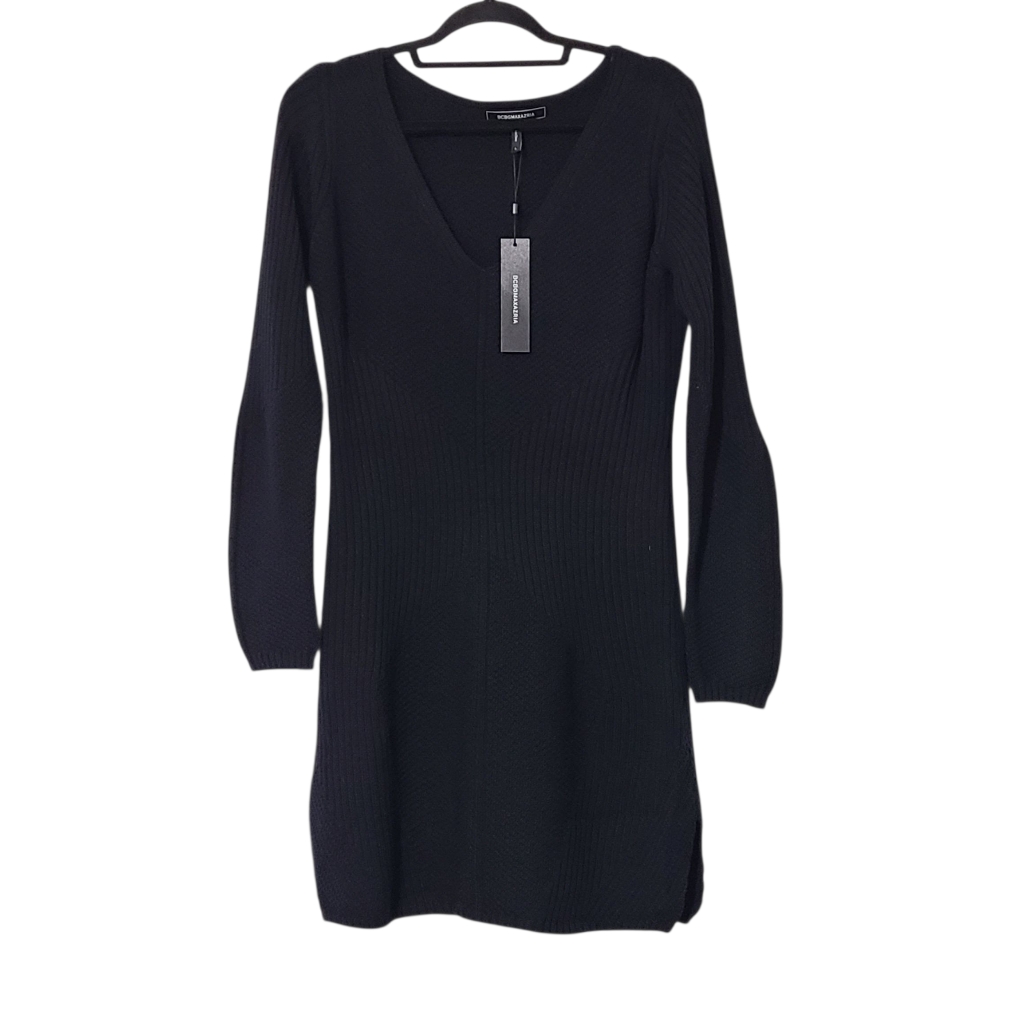 Bcbgmaxazria Black Wool Blend V-Neck Sweater Dress Womens Rib Knit Mini Dress L